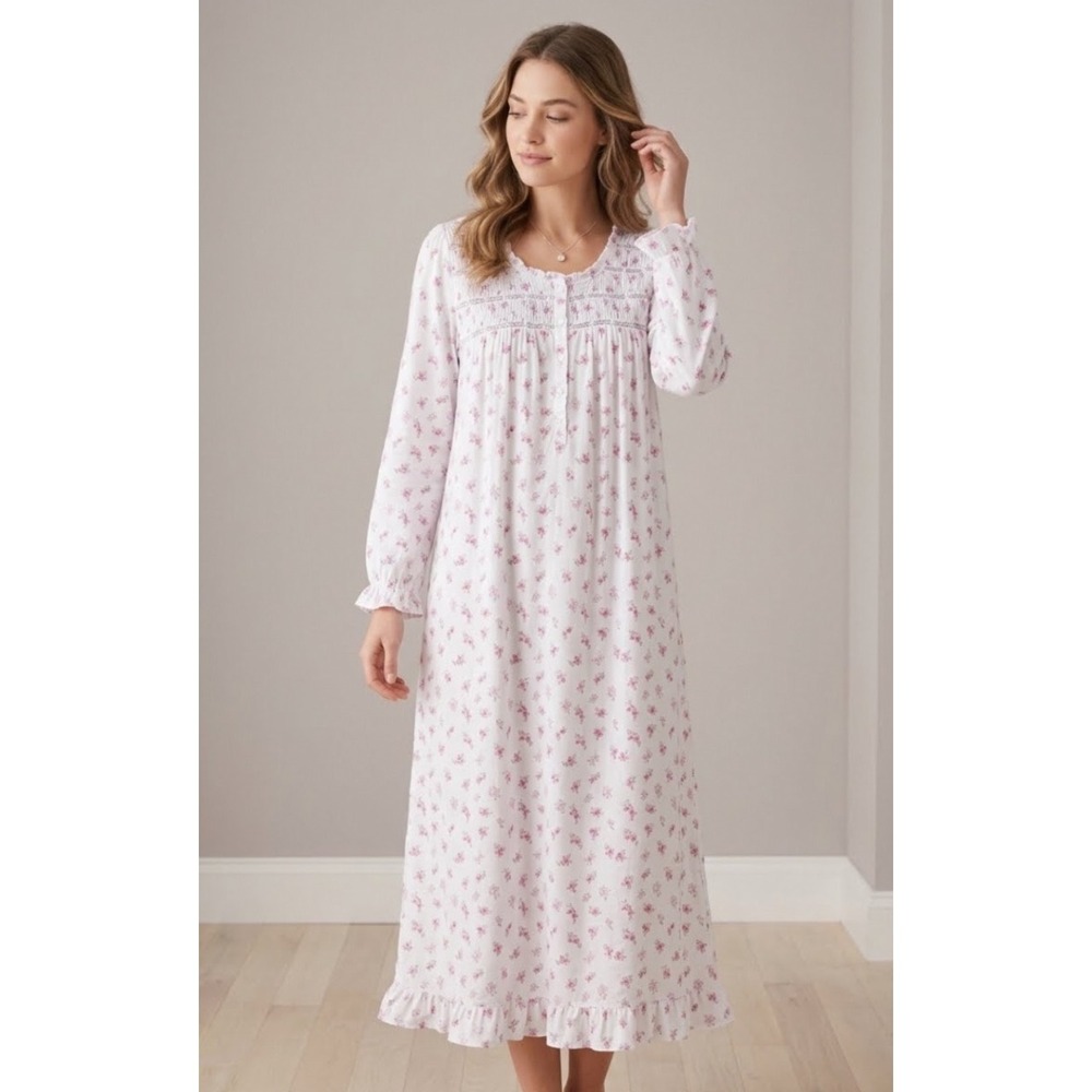 Eileen West Pink Floral Smocked Lace Pointelle Nightgown Long Sleeve Medium